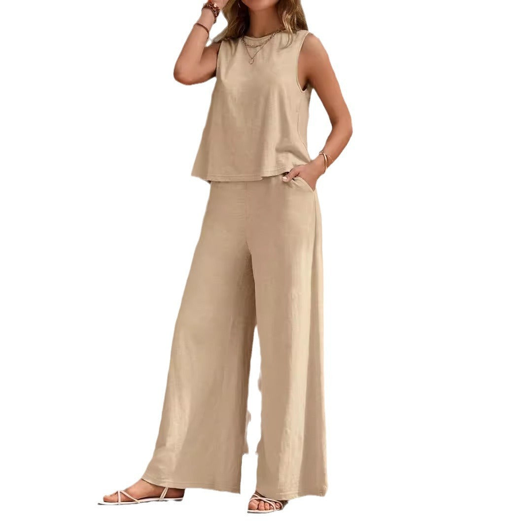 Solid Color Casual Loose Pants Sets For Women Elegant Spring Summer Women's Two Pieces Suit Full Trouser Set Female Outfit Clothes - ADJOVIMARK