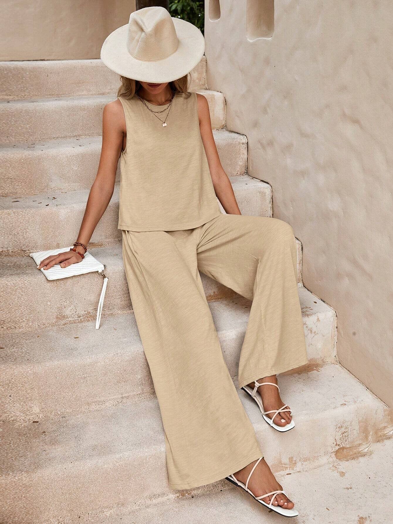Solid Color Casual Loose Pants Sets For Women Elegant Spring Summer Women's Two Pieces Suit Full Trouser Set Female Outfit Clothes - ADJOVIMARK