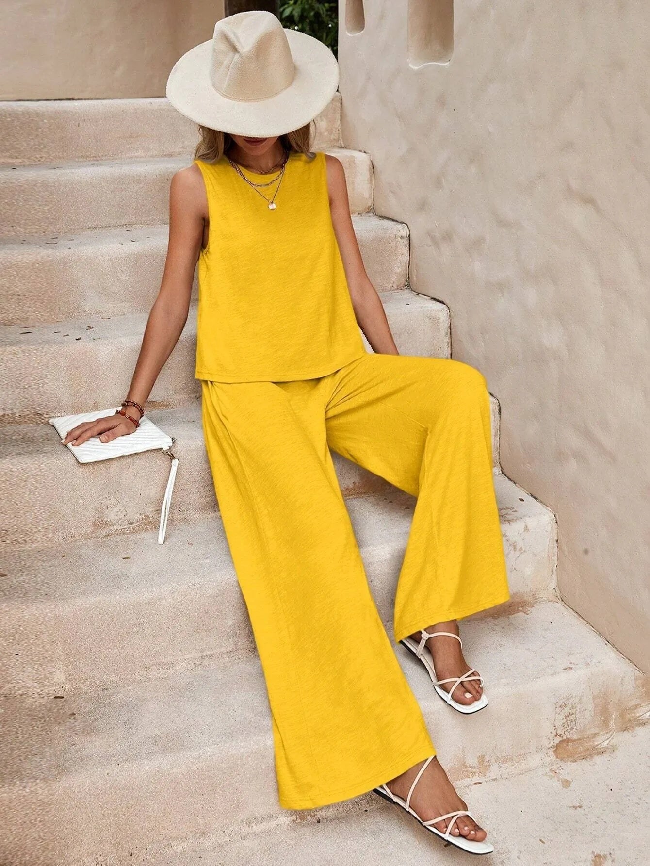 Solid Color Casual Loose Pants Sets For Women Elegant Spring Summer Women's Two Pieces Suit Full Trouser Set Female Outfit Clothes - ADJOVIMARK