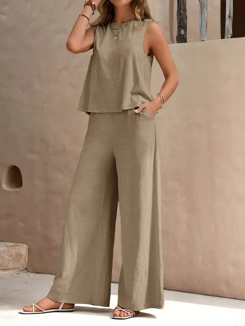 Solid Color Casual Loose Pants Sets For Women Elegant Spring Summer Women's Two Pieces Suit Full Trouser Set Female Outfit Clothes - ADJOVIMARK