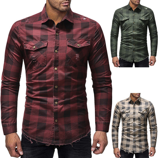 Check Denim Washed Hole Long Sleeve Shirt - ADJOVIMARK