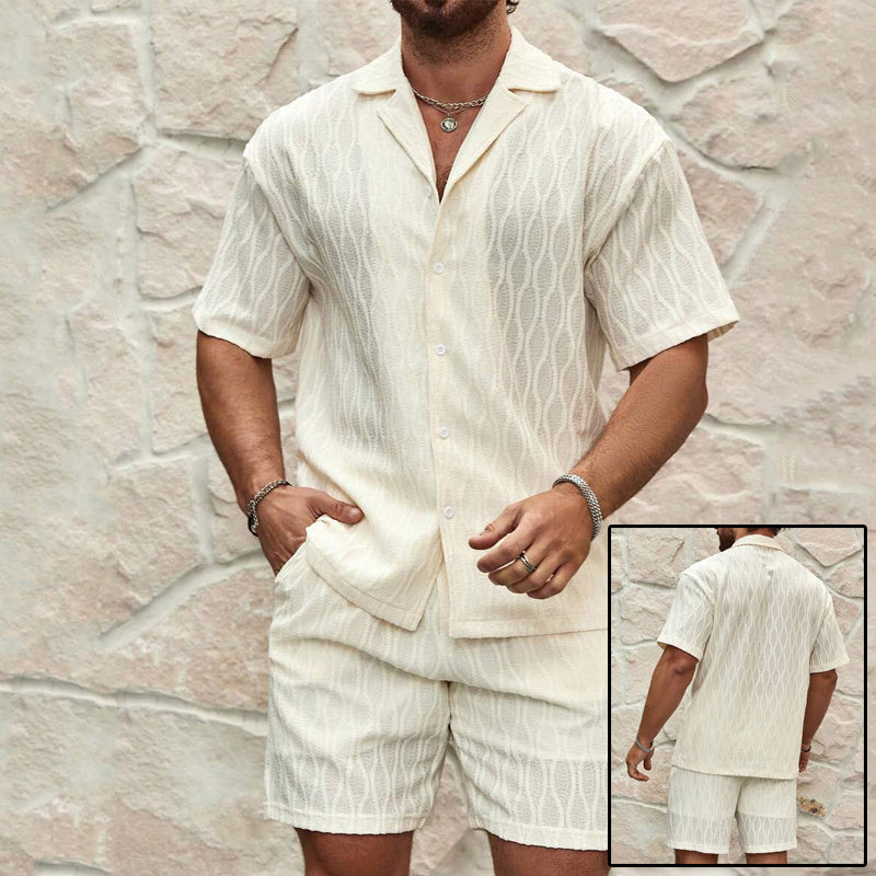 Men Tracksuits Summer Fashion Solid Loose Casual Two Pieces Lapel Button Shirt Shorts Beach Holiday All-match Outfits Male - ADJOVIMARK