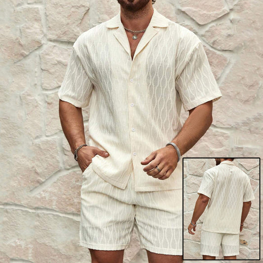 Men Tracksuits Summer Fashion Solid Loose Casual Two Pieces Lapel Button Shirt Shorts Beach Holiday All-match Outfits Male - ADJOVIMARK