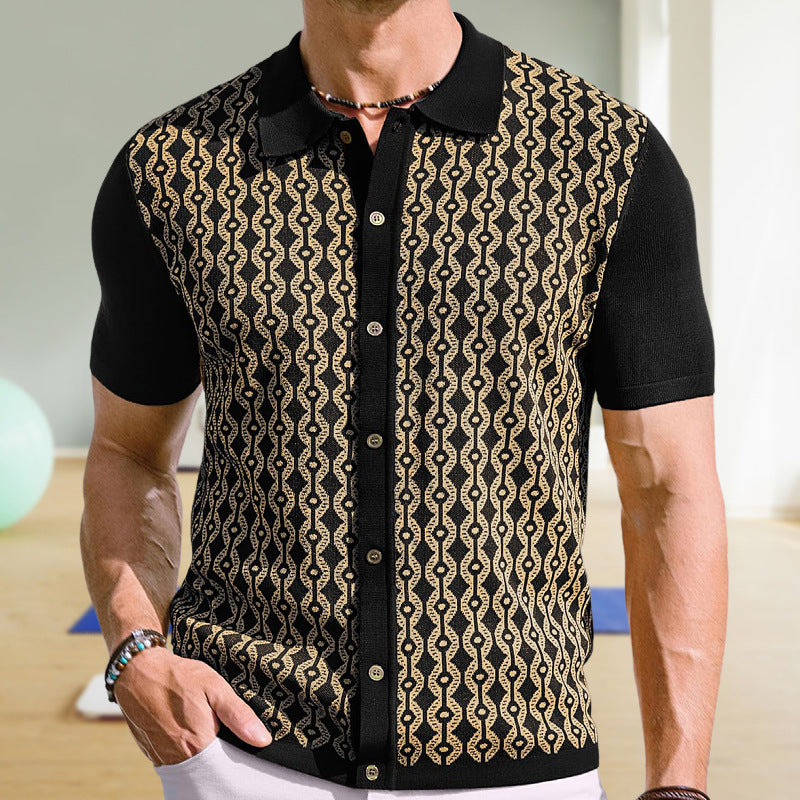 Summer Tencel Short-sleeved Sweater Lapel Jacquard Cardigan For Men - ADJOVIMARK