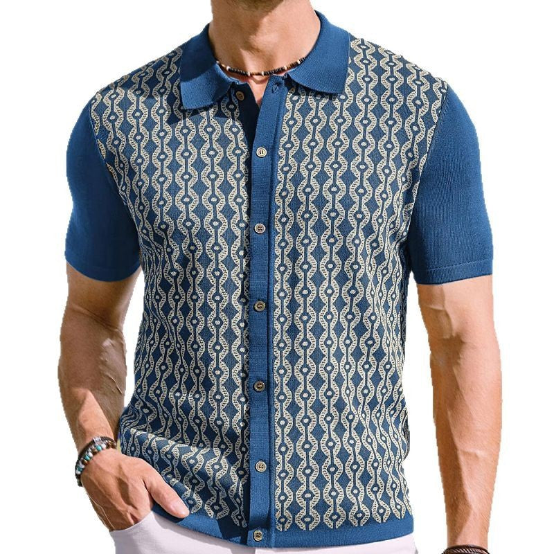 Summer Tencel Short-sleeved Sweater Lapel Jacquard Cardigan For Men - ADJOVIMARK