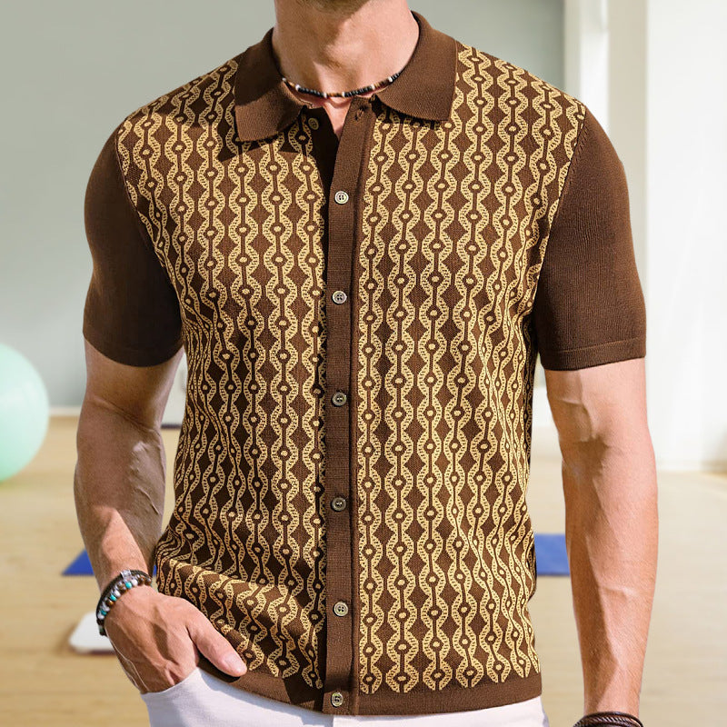 Summer Tencel Short-sleeved Sweater Lapel Jacquard Cardigan For Men - ADJOVIMARK