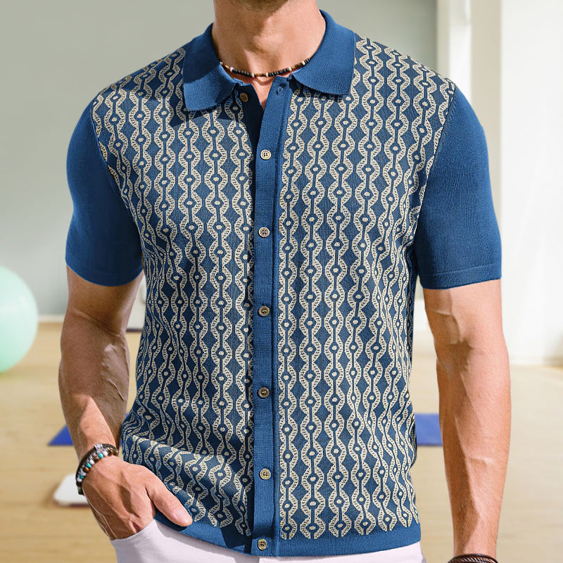 Summer Tencel Short-sleeved Sweater Lapel Jacquard Cardigan For Men - ADJOVIMARK