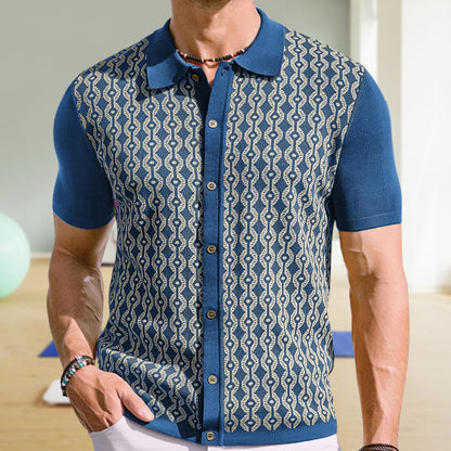 Summer Tencel Short-sleeved Sweater Lapel Jacquard Cardigan For Men - ADJOVIMARK