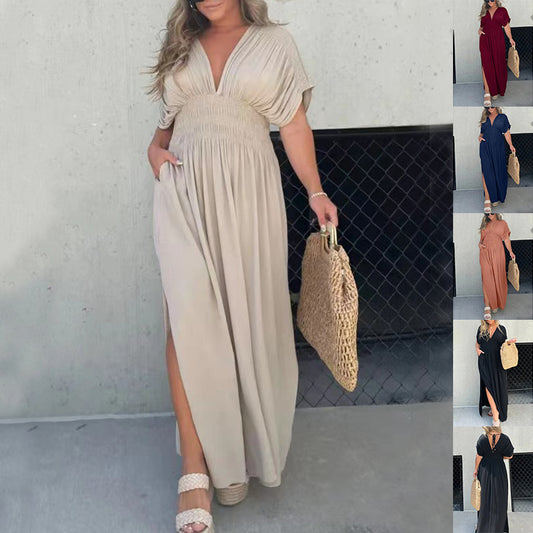 Fashion Bat-sleeved V-neck Slit Dress Summer Short Sleeve Elastic Waist Long Dresses Womens Clothing - ADJOVIMARK