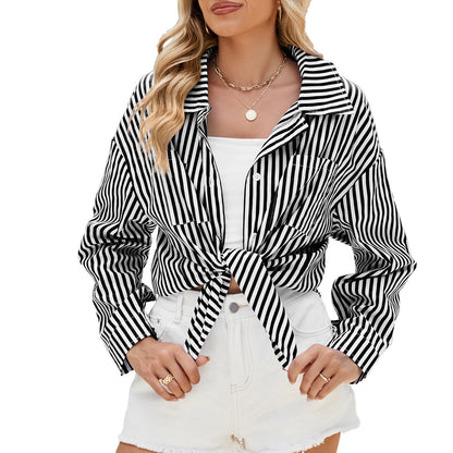 Fashion Striped Long Sleeve Shirt With Pockets Casual Loose Single-breasted Button Top Women Clothing - ADJOVIMARK