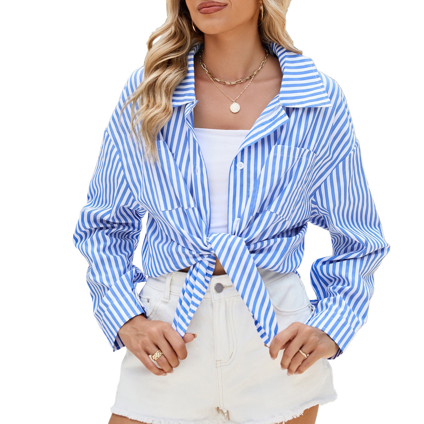 Fashion Striped Long Sleeve Shirt With Pockets Casual Loose Single-breasted Button Top Women Clothing - ADJOVIMARK
