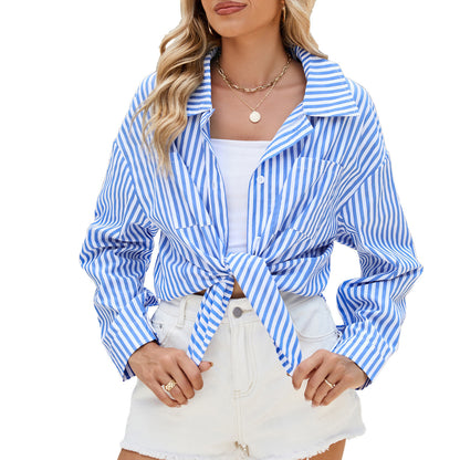 Fashion Striped Long Sleeve Shirt With Pockets Casual Loose Single-breasted Button Top Women Clothing - ADJOVIMARK