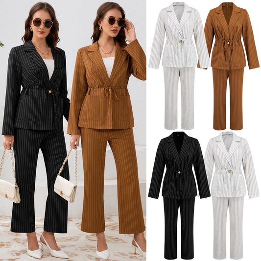 Fashion Striped Lapel Two-piece Suit Suit Drawstring Coat Trousers - ADJOVIMARK