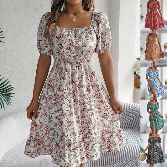 Floral Print Square Collar Dress Summer Fashion Ruffles Dresses Women's Clothing - ADJOVIMARK