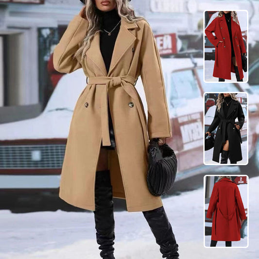 Lapel Double-breasted Trench Coat With Belt Winter Fashion Solid Color Long Jacket Outwear Women Clothing - ADJOVIMARK
