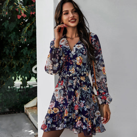 Long Sleeve Chiffon Print Dress Women - ADJOVIMARK
