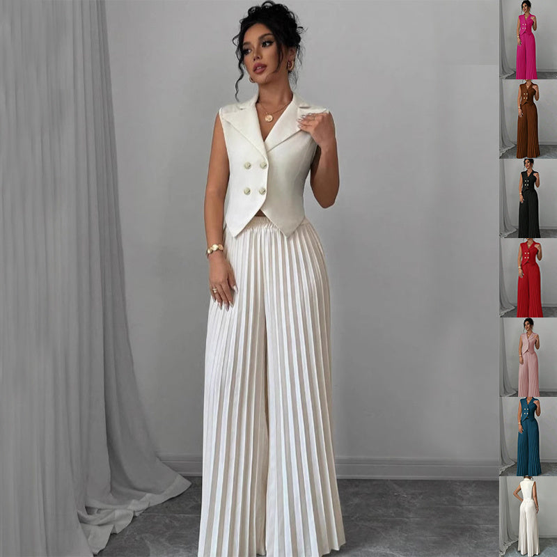 Summer Sleeveless Suit Fashion Lapel Button Vest Top And Pleated Straight Pants Women's Trousers Set Clothing - ADJOVIMARK