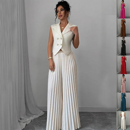 Summer Sleeveless Suit Fashion Lapel Button Vest Top And Pleated Straight Pants Women's Trousers Set Clothing - ADJOVIMARK