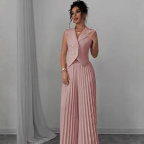 Summer Sleeveless Suit Fashion Lapel Button Vest Top And Pleated Straight Pants Women's Trousers Set Clothing - ADJOVIMARK