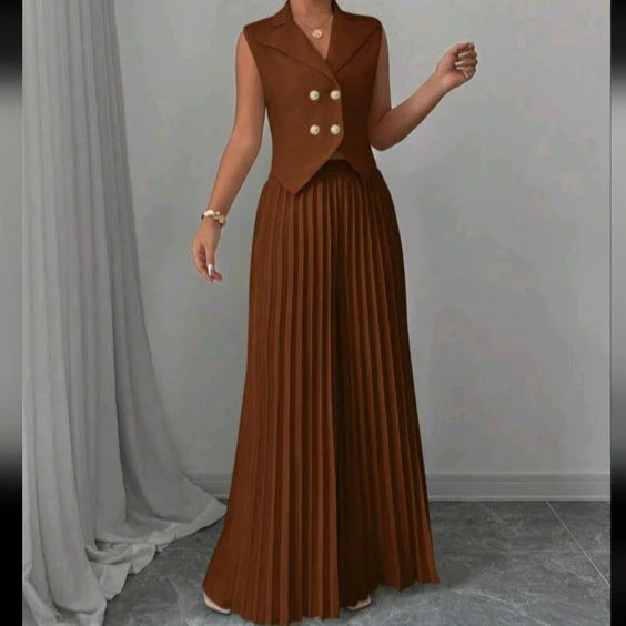 Summer Sleeveless Suit Fashion Lapel Button Vest Top And Pleated Straight Pants Women's Trousers Set Clothing - ADJOVIMARK