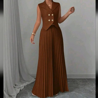 Summer Sleeveless Suit Fashion Lapel Button Vest Top And Pleated Straight Pants Women's Trousers Set Clothing - ADJOVIMARK