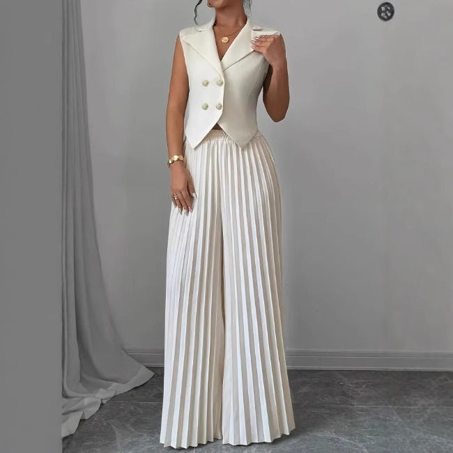 Summer Sleeveless Suit Fashion Lapel Button Vest Top And Pleated Straight Pants Women's Trousers Set Clothing - ADJOVIMARK