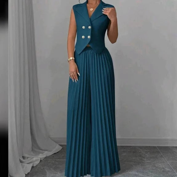 Summer Sleeveless Suit Fashion Lapel Button Vest Top And Pleated Straight Pants Women's Trousers Set Clothing - ADJOVIMARK