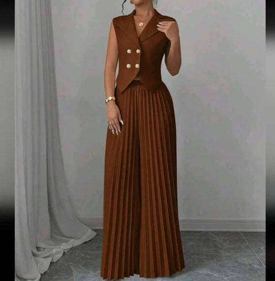 Summer Sleeveless Suit Fashion Lapel Button Vest Top And Pleated Straight Pants Women's Trousers Set Clothing - ADJOVIMARK