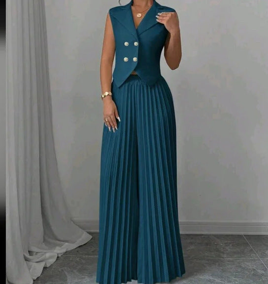 Summer Sleeveless Suit Fashion Lapel Button Vest Top And Pleated Straight Pants Women's Trousers Set Clothing - ADJOVIMARK