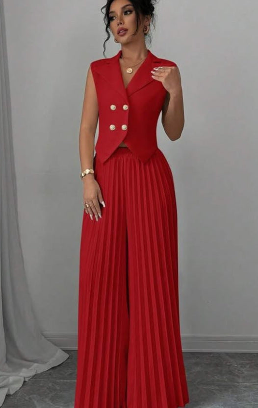 Summer Sleeveless Suit Fashion Lapel Button Vest Top And Pleated Straight Pants Women's Trousers Set Clothing - ADJOVIMARK