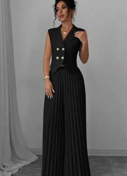 Summer Sleeveless Suit Fashion Lapel Button Vest Top And Pleated Straight Pants Women's Trousers Set Clothing - ADJOVIMARK