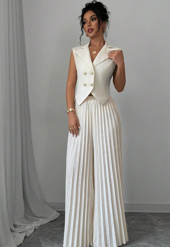 Summer Sleeveless Suit Fashion Lapel Button Vest Top And Pleated Straight Pants Women's Trousers Set Clothing - ADJOVIMARK