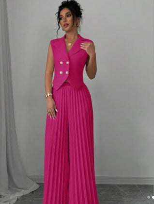 Summer Sleeveless Suit Fashion Lapel Button Vest Top And Pleated Straight Pants Women's Trousers Set Clothing - ADJOVIMARK