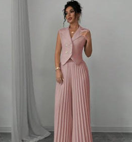 Summer Sleeveless Suit Fashion Lapel Button Vest Top And Pleated Straight Pants Women's Trousers Set Clothing - ADJOVIMARK