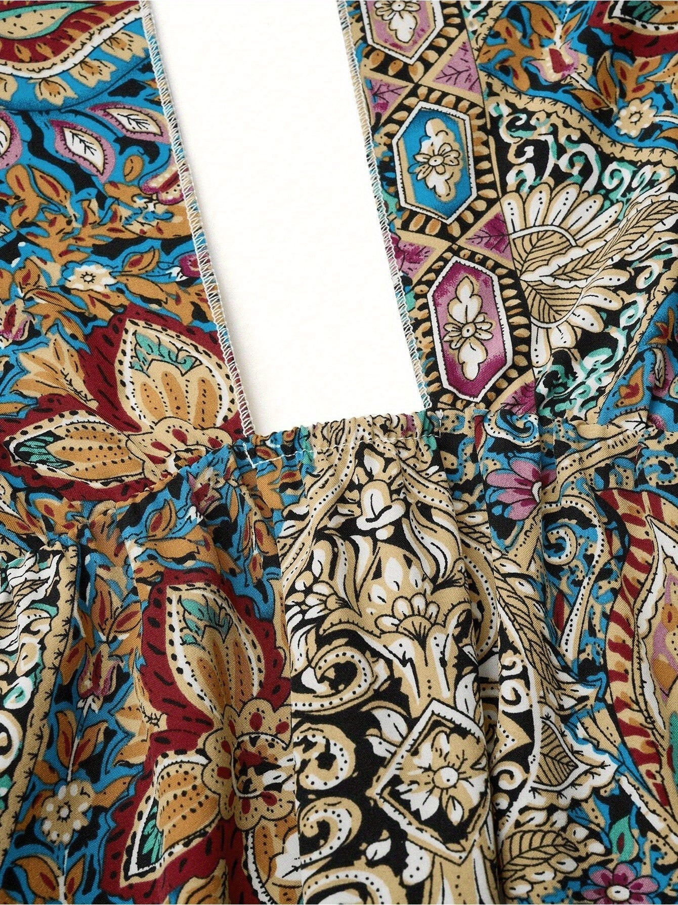 Women Print Maxi Dress High Waisted Cross Halter Neck With Tie Detail,Flowing Vacation Gown In Teal, Blue-Green & Brown Paisley   Pattern, Machine Washable, Summer Fashion Decorative Tie Detail - ADJOVIMARK