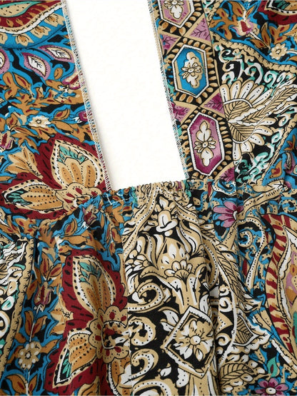 Women Print Maxi Dress High Waisted Cross Halter Neck With Tie Detail,Flowing Vacation Gown In Teal, Blue-Green & Brown Paisley   Pattern, Machine Washable, Summer Fashion Decorative Tie Detail - ADJOVIMARK