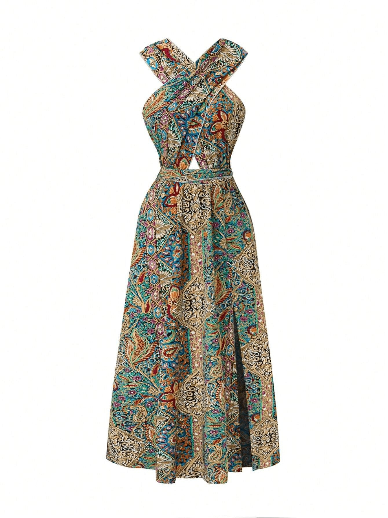 Women Print Maxi Dress High Waisted Cross Halter Neck With Tie Detail,Flowing Vacation Gown In Teal, Blue-Green & Brown Paisley   Pattern, Machine Washable, Summer Fashion Decorative Tie Detail - ADJOVIMARK