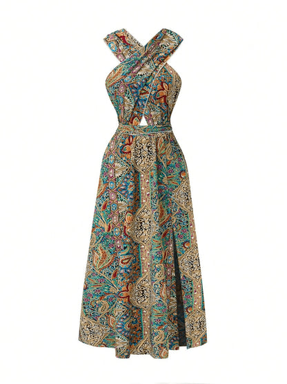 Women Print Maxi Dress High Waisted Cross Halter Neck With Tie Detail,Flowing Vacation Gown In Teal, Blue-Green & Brown Paisley   Pattern, Machine Washable, Summer Fashion Decorative Tie Detail - ADJOVIMARK