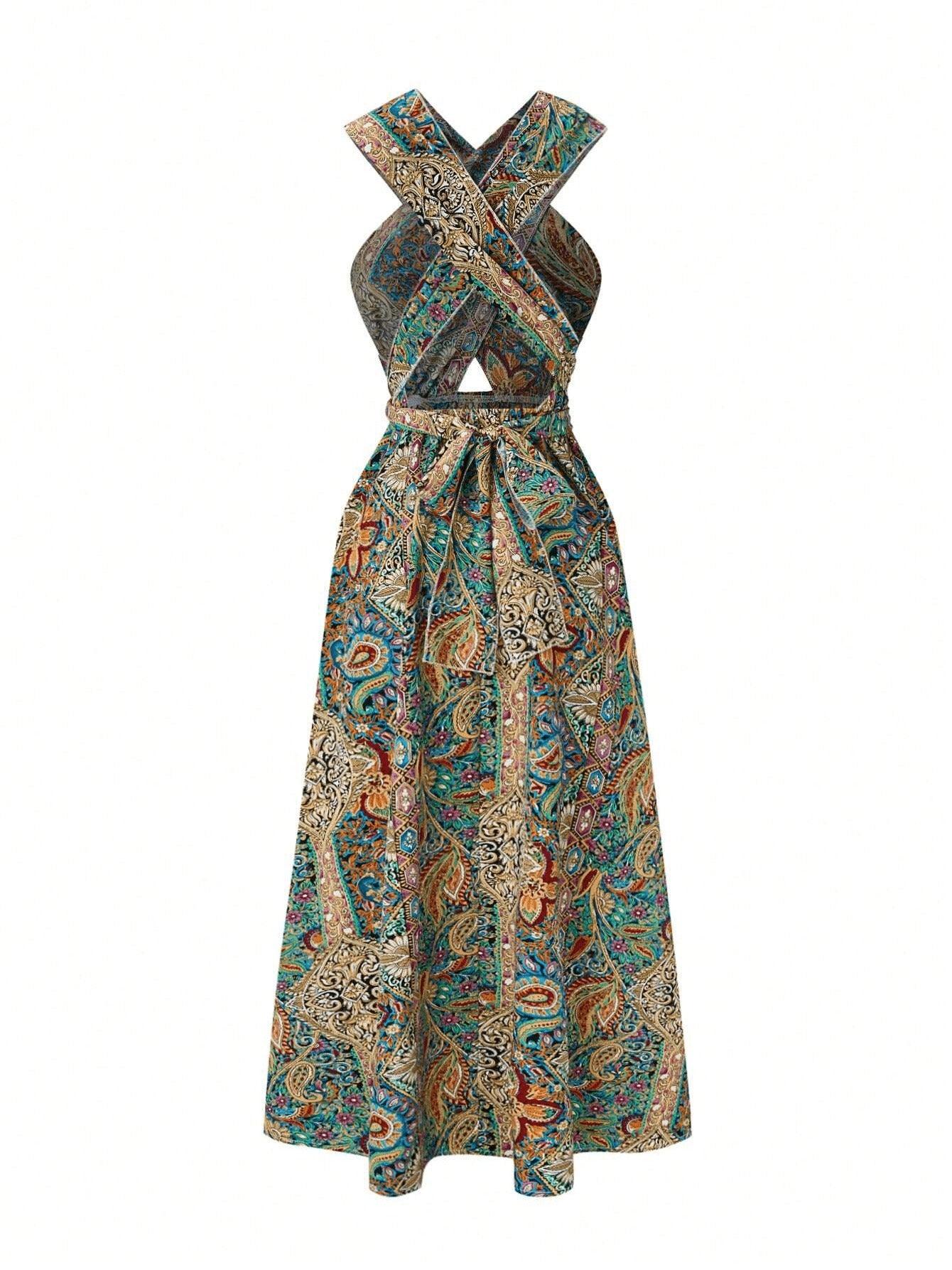 Women Print Maxi Dress High Waisted Cross Halter Neck With Tie Detail,Flowing Vacation Gown In Teal, Blue-Green & Brown Paisley   Pattern, Machine Washable, Summer Fashion Decorative Tie Detail - ADJOVIMARK