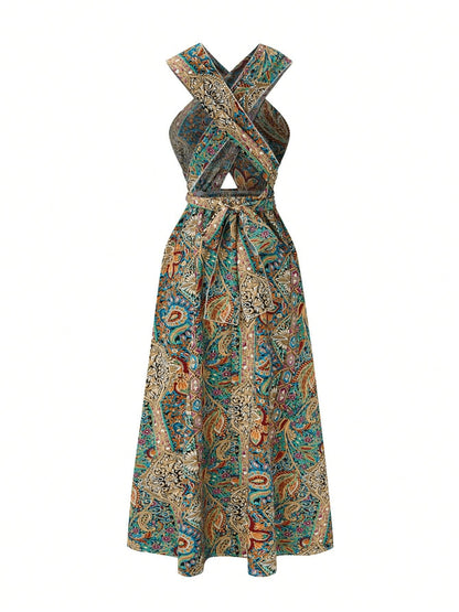 Women Print Maxi Dress High Waisted Cross Halter Neck With Tie Detail,Flowing Vacation Gown In Teal, Blue-Green & Brown Paisley   Pattern, Machine Washable, Summer Fashion Decorative Tie Detail - ADJOVIMARK