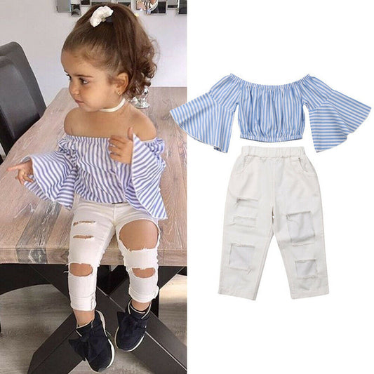 Girls Flared Sleeve White Ripped Jeans Suit - ADJOVIMARK