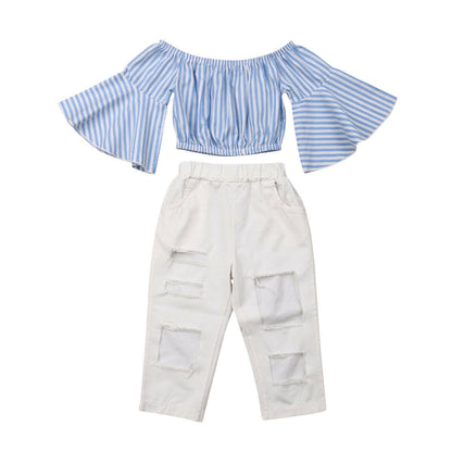 Girls Flared Sleeve White Ripped Jeans Suit - ADJOVIMARK