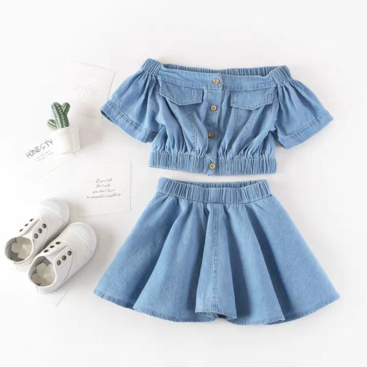 Girls Korean Version Denim Two-piece High-waisted Short-sleeved Top - ADJOVIMARK