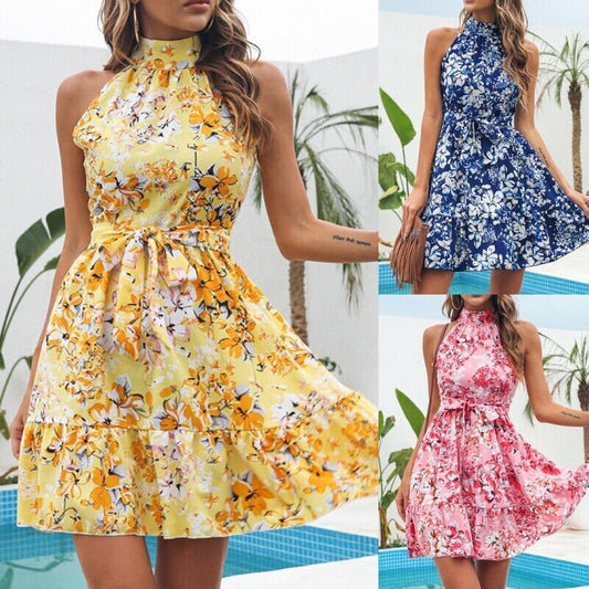 Halter Dresses Women Floral Print Sleeveless Swing Chiffon Holiday Dress - ADJOVIMARK