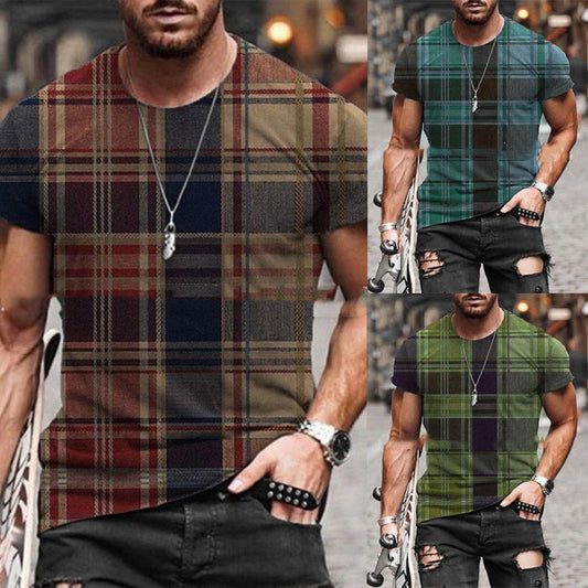 New Contrast Color Stitching Plaid Pattern Printing Short Sleeved Men's T Shirt - ADJOVIMARK