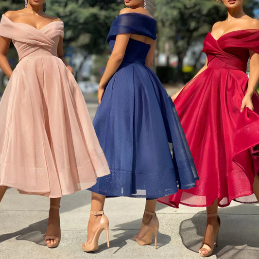 Womens Solid Casual Party Night Dress Club Off Shoulder Gown Elegant Backless Sexy Dress Birthday - ADJOVIMARK