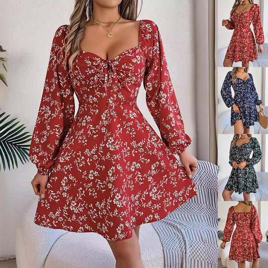 Fashion Floral Print Lantern Sleeve Dress Casual Sexy Tie Square Neck Long Sleeve A-Line Dress Women's Clothing - ADJOVIMARK