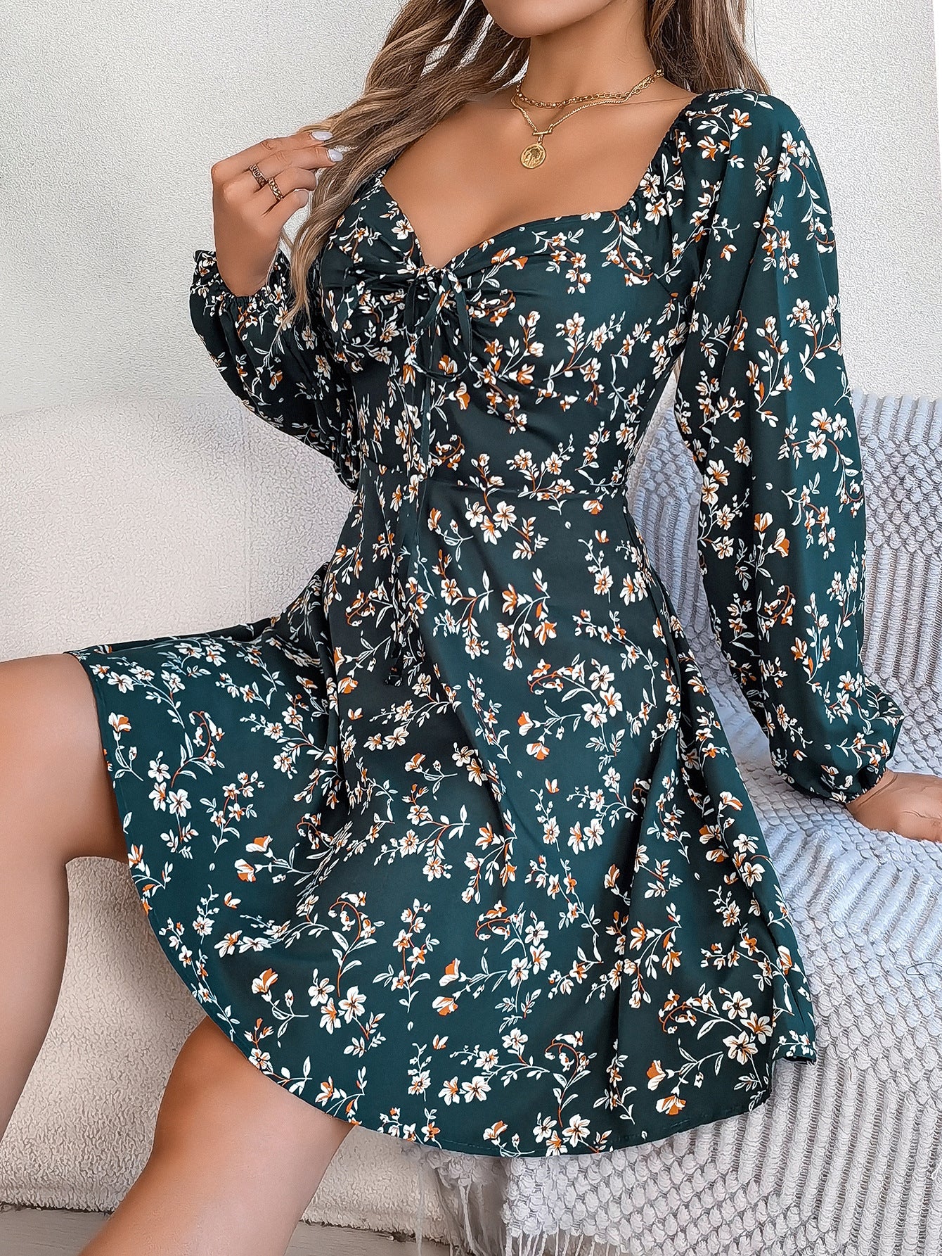 Fashion Floral Print Lantern Sleeve Dress Casual Sexy Tie Square Neck Long Sleeve A-Line Dress Women's Clothing - ADJOVIMARK
