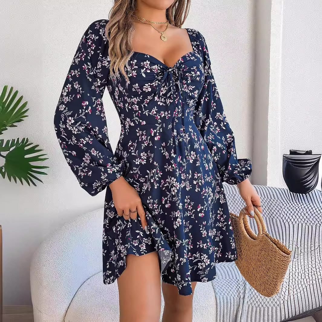 Fashion Floral Print Lantern Sleeve Dress Casual Sexy Tie Square Neck Long Sleeve A-Line Dress Women's Clothing - ADJOVIMARK