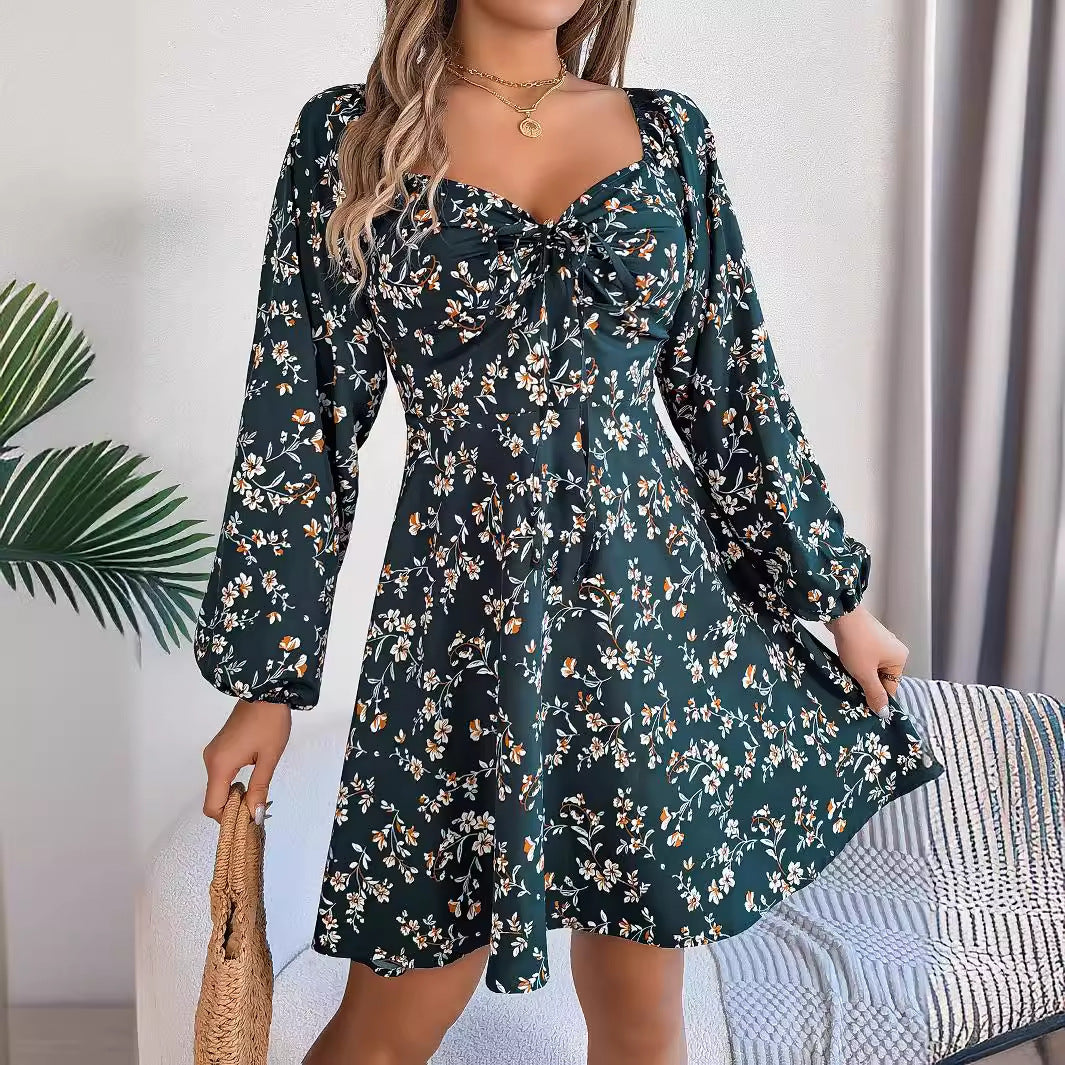 Fashion Floral Print Lantern Sleeve Dress Casual Sexy Tie Square Neck Long Sleeve A-Line Dress Women's Clothing - ADJOVIMARK